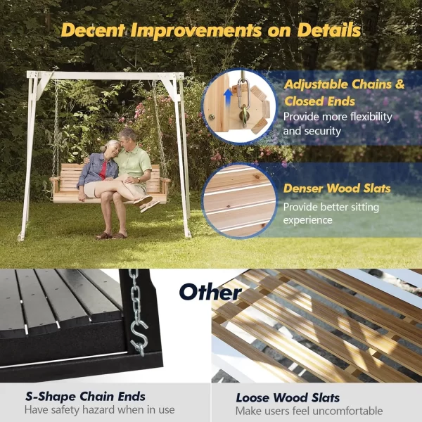 Upgraded Patio Wooden Porch Swing for Courtyard & Garden, Heavy Duty 880 LBS - Image 3