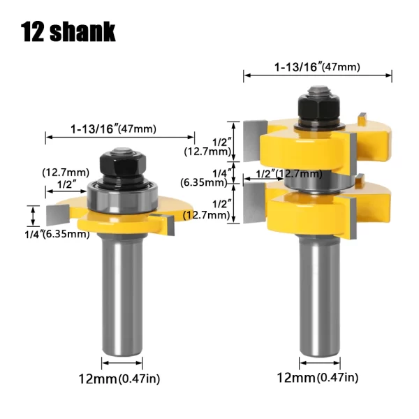 2pc 1/4"1/2" Shank 6mm 8mm 12mm shank Tongue & Groove Router Bit Set - Image 7