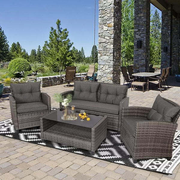 4PC Rattan Patio Conversation Set Cushioned Outdoor Furniture Set - Image 3