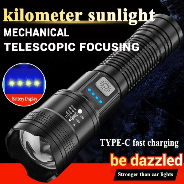 High Strong Power Led Flashlights 2000LM Tactical Torch with Display Light USB Charging - Image 12