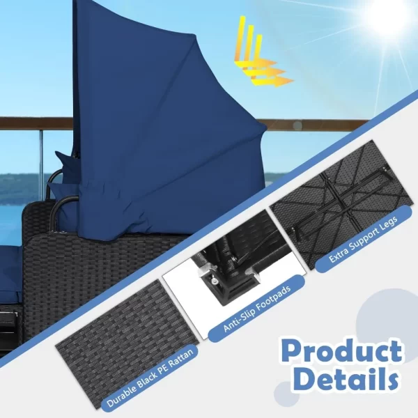 Outdoor Daybed, 2-Person Wicker Chaise Lounge with Retractable Canopy - Image 4