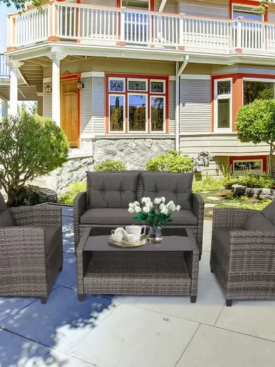4PC Rattan Patio Conversation Set Cushioned Outdoor Furniture Set