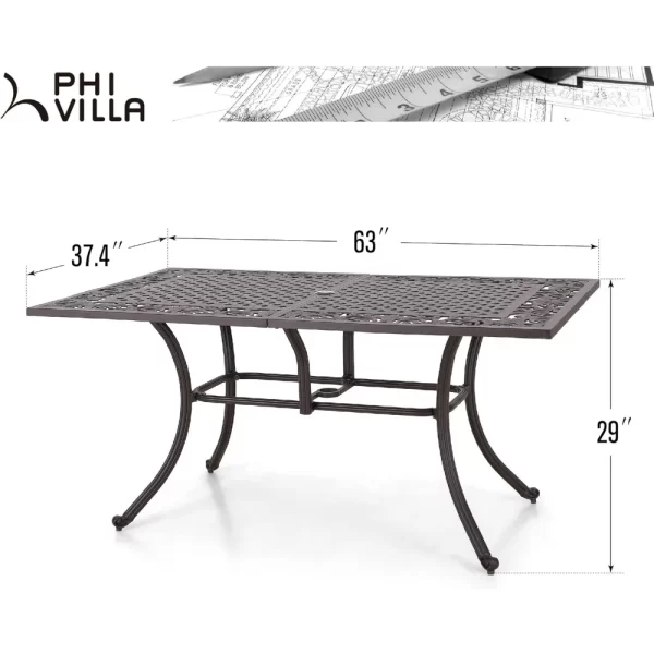 Cast Aluminum Rectangular Patio Dining Tables for 6 Person, 64" x 37" Engraved Cast-Top Aluminum Table with 2.3" Umbrella Hole, - Image 3