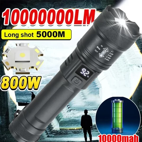 High Strong Power Led Flashlights 2000LM Tactical Torch with Display Light USB Charging