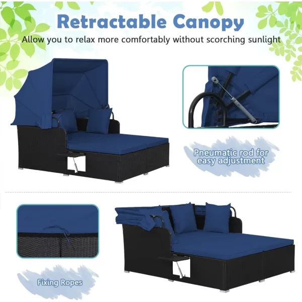 Outdoor Daybed, 2-Person Wicker Chaise Lounge with Retractable Canopy - Image 3