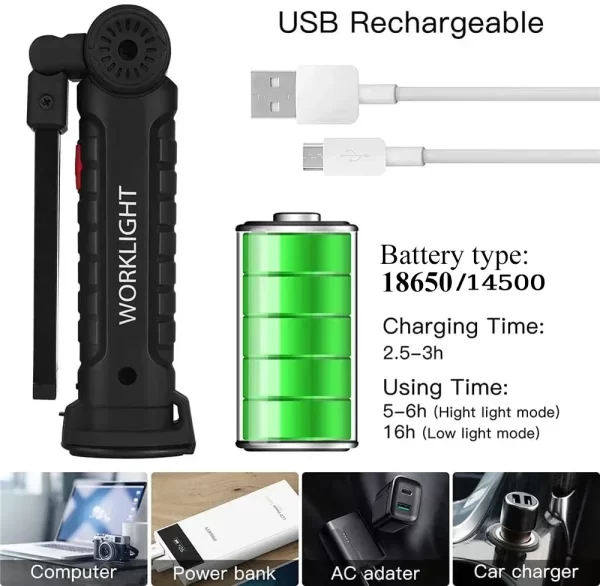 COB LED Work Light Dimmable USB Rechargeable LED Flashlight Inspection Lamp With Magnetic Hook - Image 5