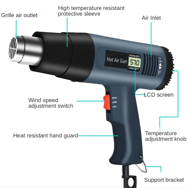 2000W Industrial Electric Hot Air Gun Digital Display Car Film Heat Gun Air Dryer for Soldering Thermal Blower Shrink Wrapping - Image 5