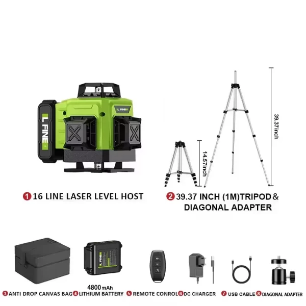 LFINE 3D/4D Laser Level 8/12/16 Lines Horizontal And Vertical With Remote Control 8 Lines 360°Self-leveling Laser Levels - Image 9