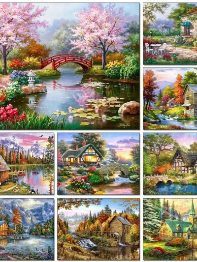 5D DIY Diamond Painting Landscape House Full Round Drill Embroidery Forest Scenery Cross Stitch Set Art Home