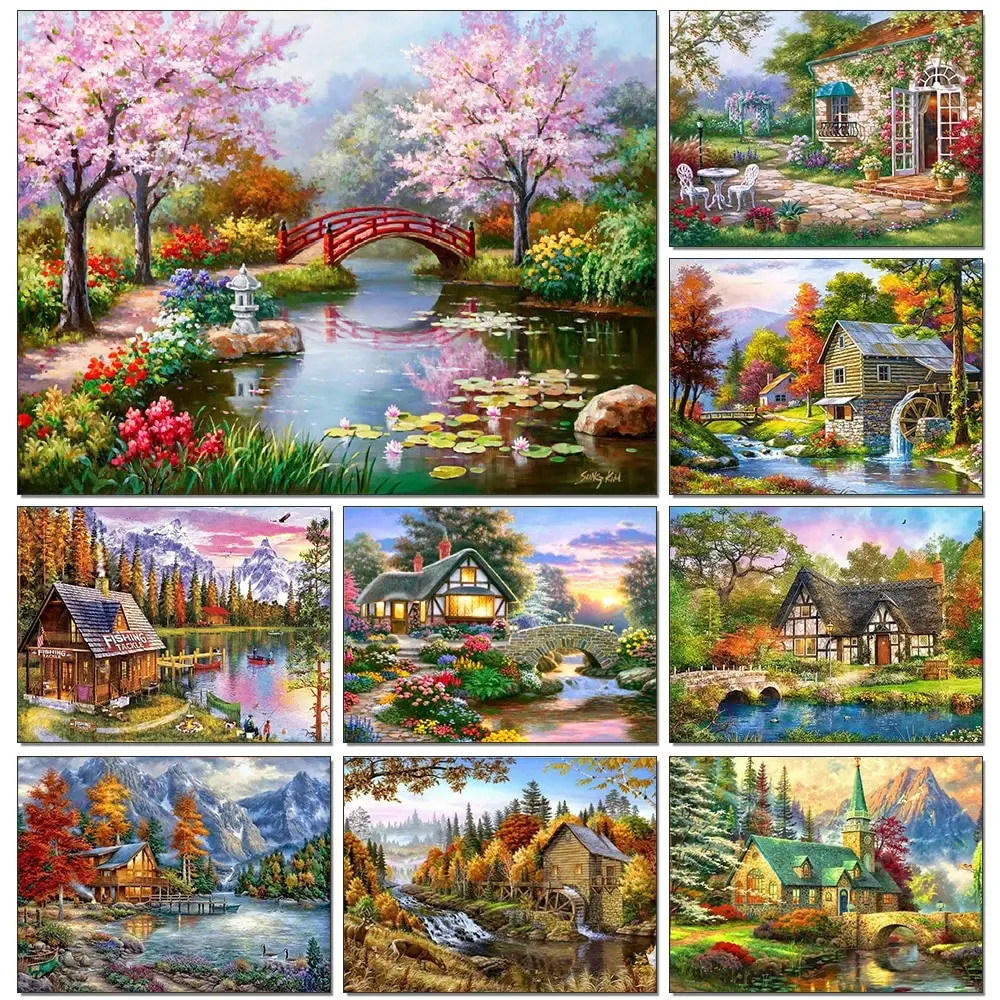 5D DIY Diamond Painting Landscape House Full Round Drill Embroidery Forest Scenery Cross Stitch Set Art Home