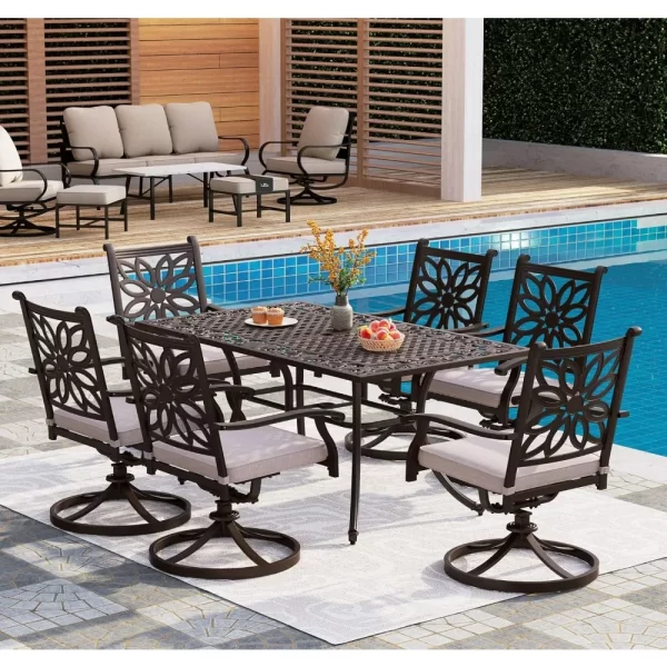 Cast Aluminum Rectangular Patio Dining Tables for 6 Person, 64" x 37" Engraved Cast-Top Aluminum Table with 2.3" Umbrella Hole, - Image 2