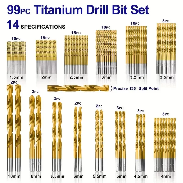 99 Pieces Titanium Twist Drill Bit Set, High Speed Steel, Size from 1/16" Up to 3/8" - Image 6