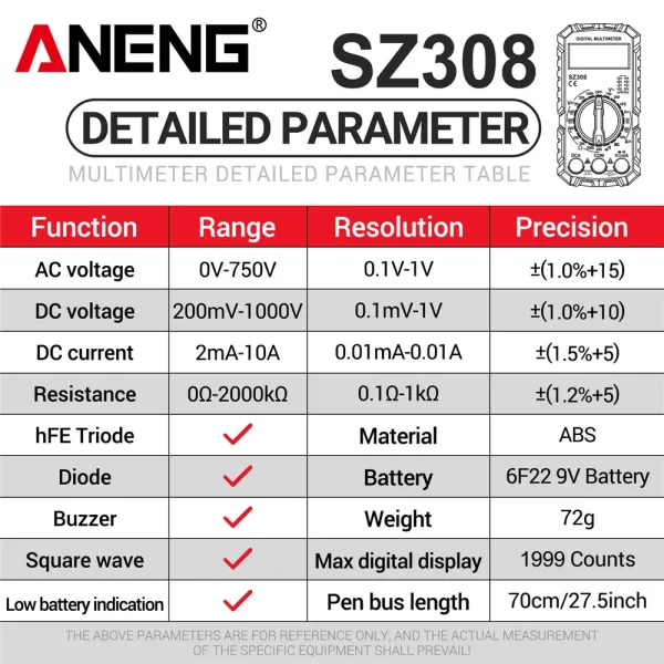 ANENG SZ308 Square Wave Digital Tester 1999 Counts HFE Triode Buzzer Multimeter AC/DC Voltage 10A Current Multimeters Meter Tool - Image 6