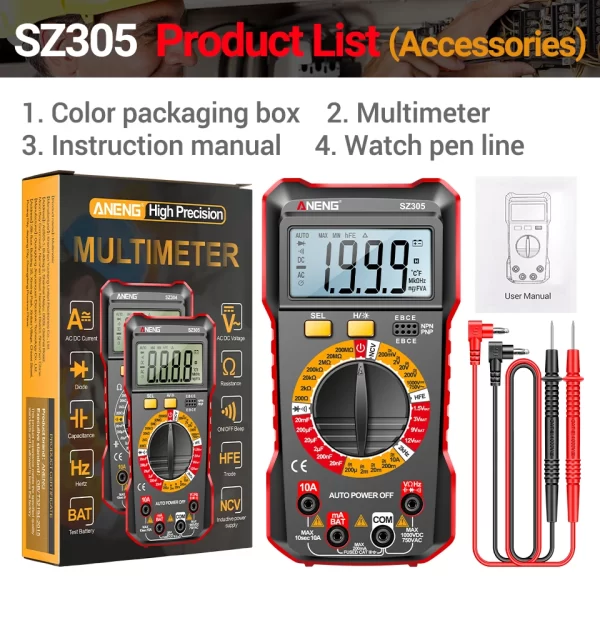 ANENG SZ305 Digital Multimeter Professional AC/DC Voltage Ammeter Capacitor hFE Triode NCV Voltage Induction Electrician Tester - Image 26