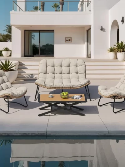 Outdoor Loveseat 3 Pieces, 2 Seater &1 Seater Outdoor Sofa Set,All-Weather Boho Rattan