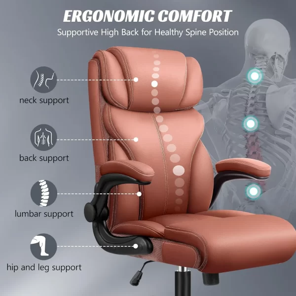 Office Chair, Ergonomic Computer Desk Chairs, Executive Breathable Leather Chair with Adjustable High Back Flip-up Armrests - Image 5
