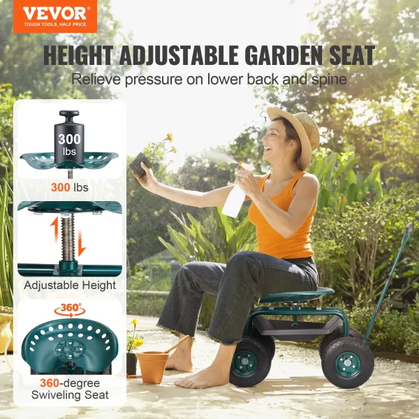 VEVOR Garden Cart Rolling Workseat with Wheels Gardening Stool - Image 2