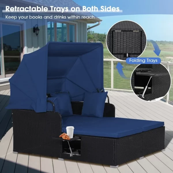 Outdoor Daybed, 2-Person Wicker Chaise Lounge with Retractable Canopy - Image 6