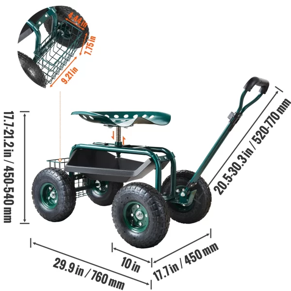 VEVOR Garden Cart Rolling Workseat with Wheels Gardening Stool - Image 7
