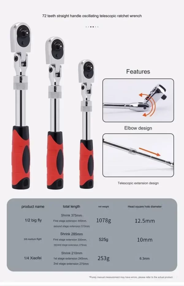 Hot Sale Multifunctional Hand Tool Telescopic 72 Teeth 1/4 3/8 1/2 Inch Drive Quick Released Ratchet Wrench with Adjustable Head - Image 11