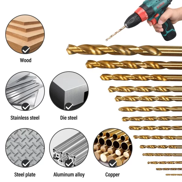 99 Pieces Titanium Twist Drill Bit Set, High Speed Steel, Size from 1/16" Up to 3/8" - Image 30