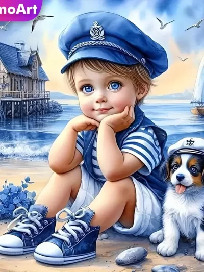 Momoart Full Diamond Painting Kid Boy Portrait Picture Of Rhinestones Mosaic Dog DIY Embroidery Seasdie