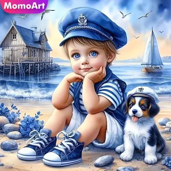 Momoart Full Diamond Painting Kid Boy Portrait Picture Of Rhinestones Mosaic Dog DIY Embroidery Seasdie