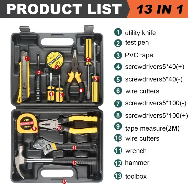 8/9/12/13Piece Tools Set General House hold Hand Tool Kit with Plastic Toolbox Storage Case - Image 9