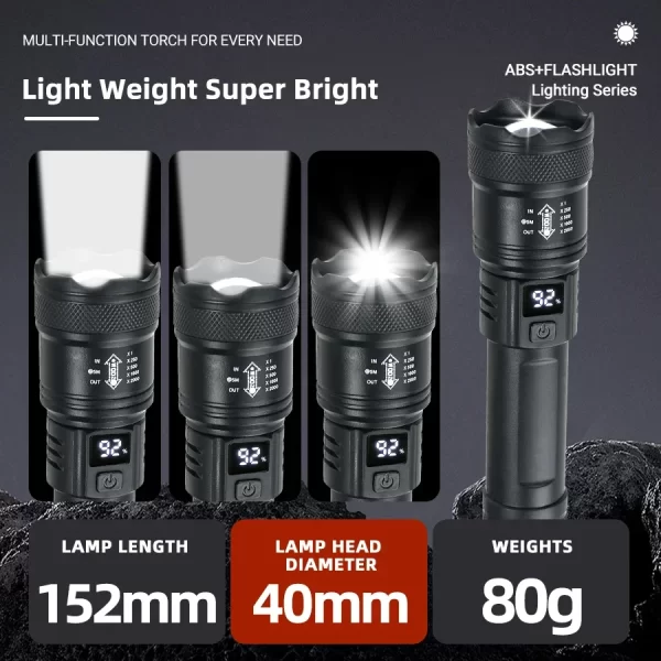 High Strong Power Led Flashlights 2000LM Tactical Torch with Display Light USB Charging - Image 4