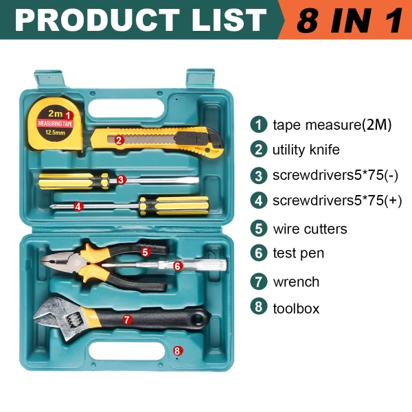 8/9/12/13Piece Tools Set General House hold Hand Tool Kit with Plastic Toolbox Storage Case - Image 7