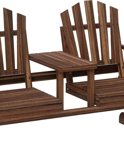 Wooden Garden Bench with Table, Umbrella Hole, 2-Seat Wagon Wheel Outdoor Bench