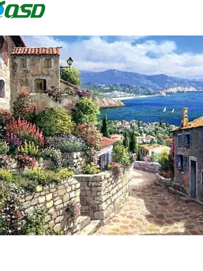 AZQSD Diamond Paintings Town Landscape Cross Stitch Embroidery Seaside House Rhinestones