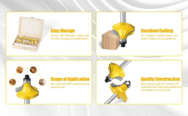 15PCS 1/4in 1/2in 6mm 8mm Shank Router Bit Set Trimming Straight Beading Milling Cutter Carbide Cutting Woodworking Tools - Image 16