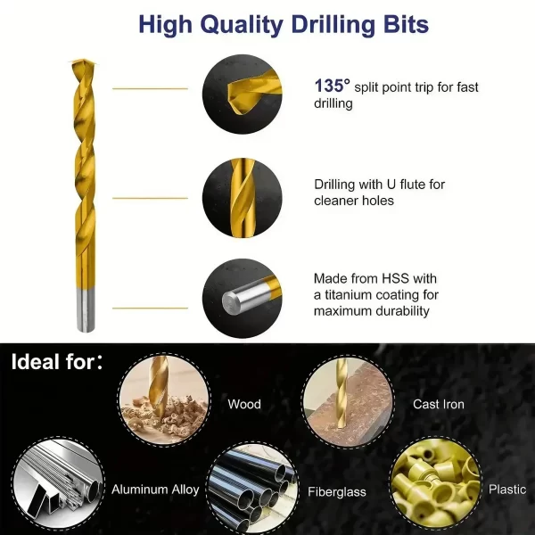 99 Pieces Titanium Twist Drill Bit Set, High Speed Steel, Size from 1/16" Up to 3/8" - Image 5