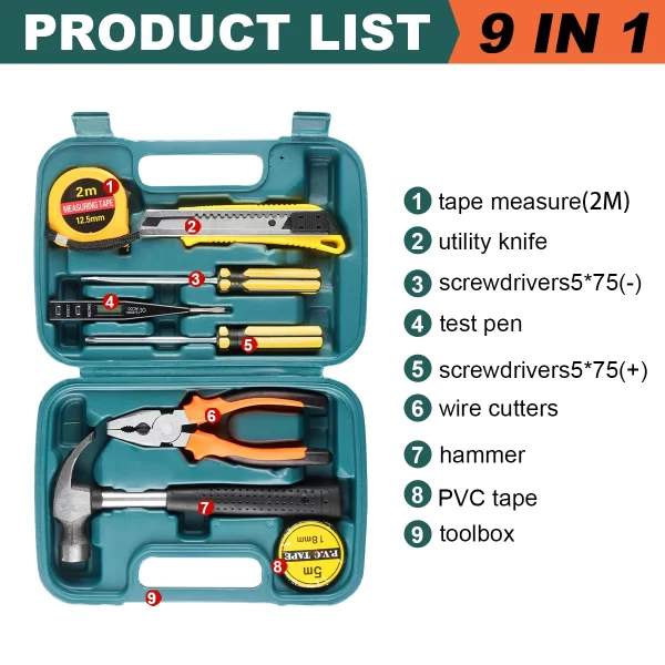 8/9/12/13Piece Tools Set General House hold Hand Tool Kit with Plastic Toolbox Storage Case - Image 11