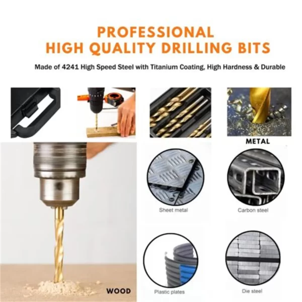 99 Pieces Titanium Twist Drill Bit Set, High Speed Steel, Size from 1/16" Up to 3/8" - Image 20