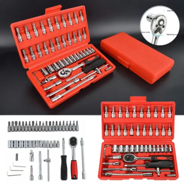 46PCS Ratchet Wrench Set Kit 1/4' Metric Drive Ratchet Phillips Torx Bits Allen Key Screwdriver
