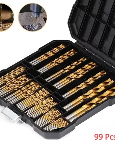 99 Pieces Titanium Twist Drill Bit Set, High Speed Steel, Size from 1/16" Up to 3/8"