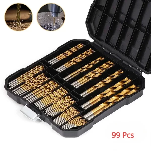 99 Pieces Titanium Twist Drill Bit Set, High Speed Steel, Size from 1/16" Up to 3/8"