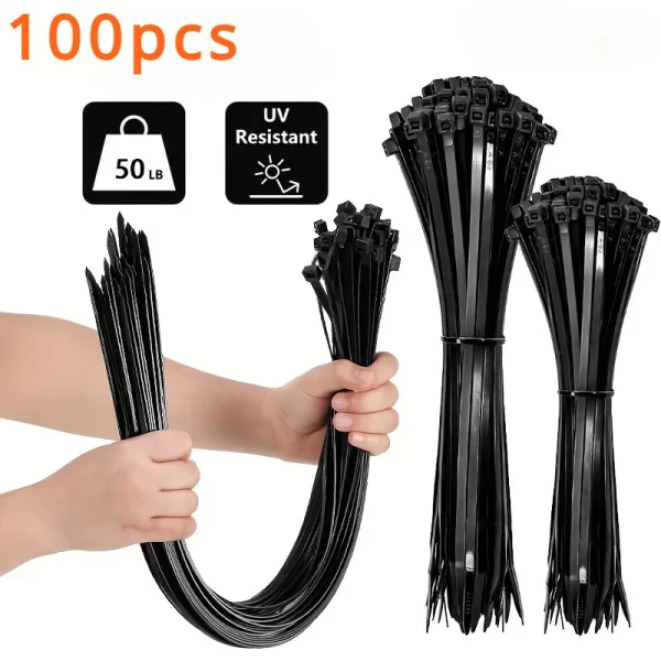 100pcs Black Cable Ties High Tensile Strength, Uv Resistant, Self-Locking