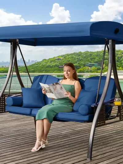 3 in 1 Outdoor Porch Swing with Adjustable Canopy, 3 Seat Swing w/Thickened Cushions, Pillows & Cup Holders