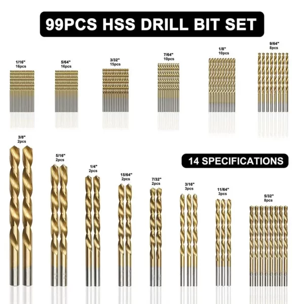 99 Pieces Titanium Twist Drill Bit Set, High Speed Steel, Size from 1/16" Up to 3/8" - Image 15