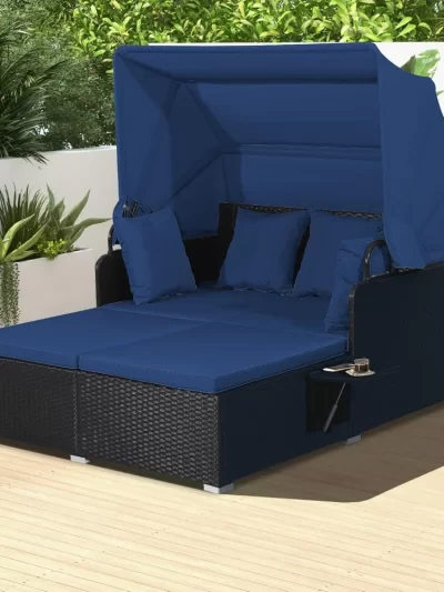 Outdoor Daybed, 2-Person Wicker Chaise Lounge with Retractable Canopy