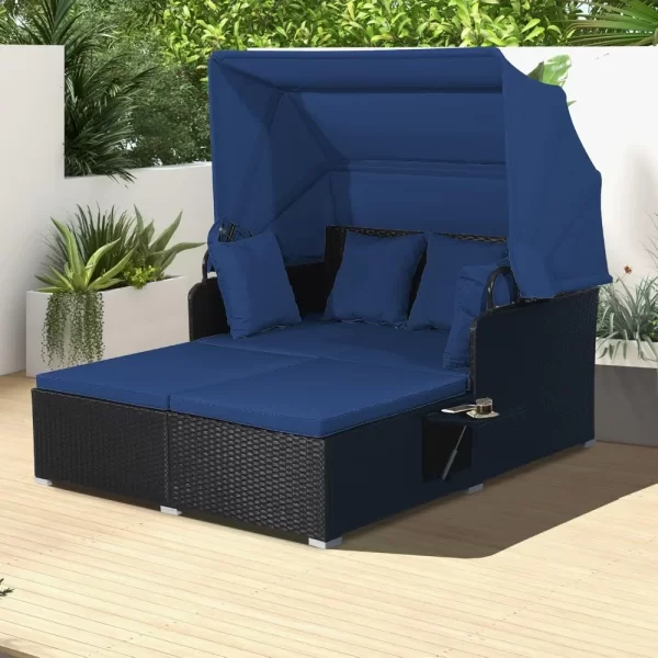 Outdoor Daybed, 2-Person Wicker Chaise Lounge with Retractable Canopy
