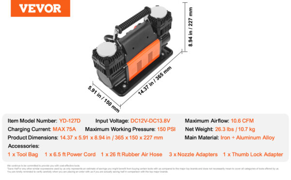 SucceBuy Tire Inflator Compressor 6-10 CFM Heavy Duty Air Compressor Dual-Cylinder 150PSI Air Pump - Image 15