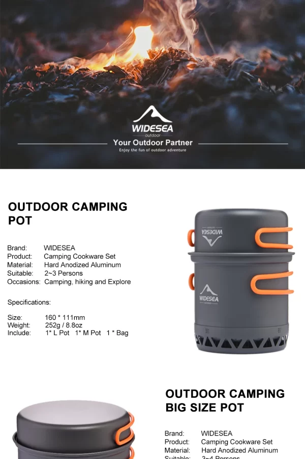 Widesea Camping 1.3L 2.3L Cookware Outdoor Cooking Set Heat Cooker Travel Tableware Pot Kettle - Image 11