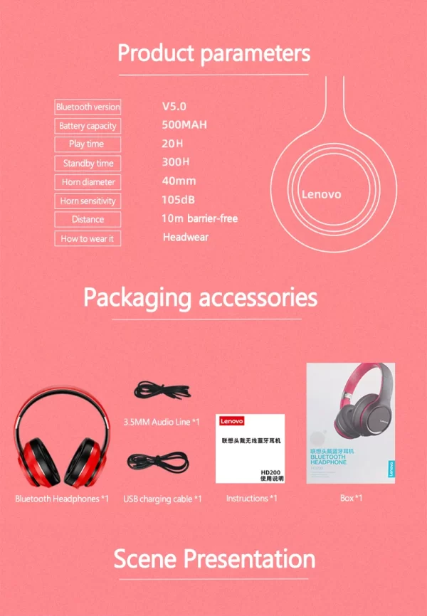 Lenovo HD200 Bluetooth Earphones Over-ear Foldable Computer Wireless Headphones Noise Cancellation HIFI Stereo Gaming Headset - Image 18
