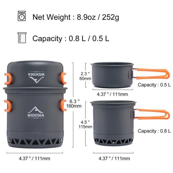 Widesea Camping 1.3L 2.3L Cookware Outdoor Cooking Set Heat Cooker Travel Tableware Pot Kettle - Image 2