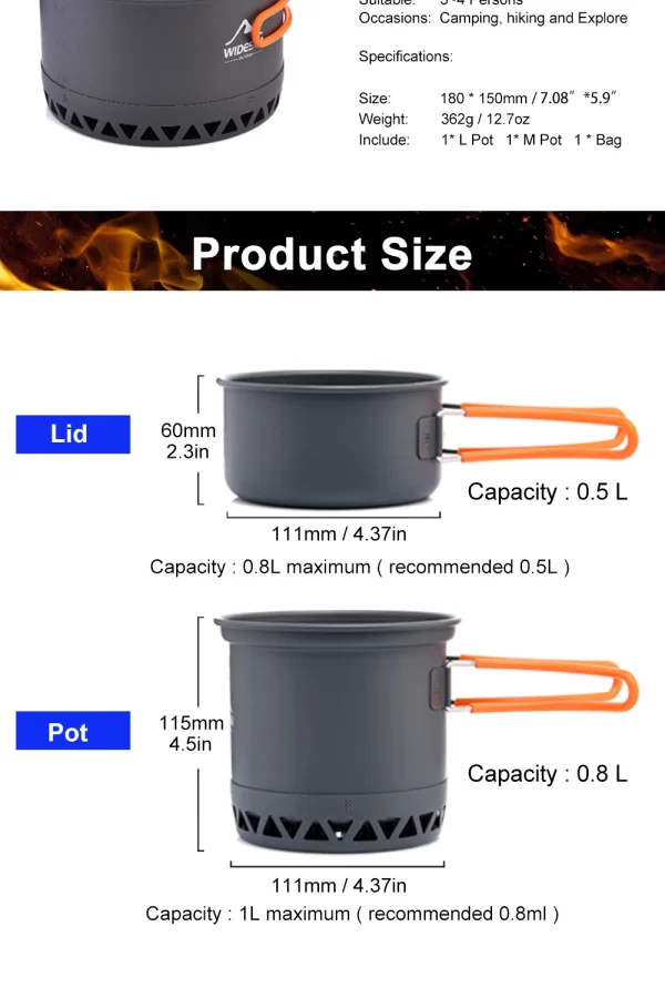 Widesea Camping 1.3L 2.3L Cookware Outdoor Cooking Set Heat Cooker Travel Tableware Pot Kettle - Image 12