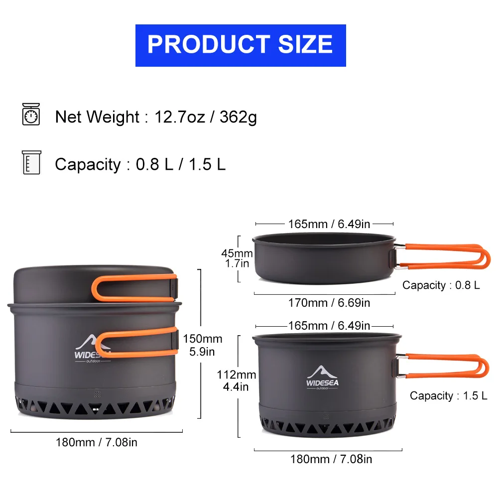 Widesea Camping 1.3L 2.3L Cookware Outdoor Cooking Set Heat Cooker Travel Tableware Pot Kettle - Image 3